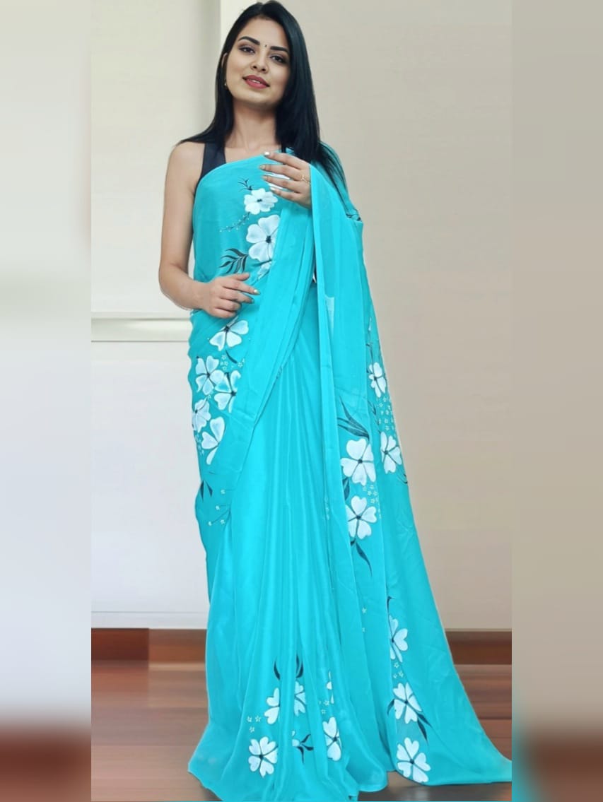Aqua Saree; Hand Painted; Chiffon