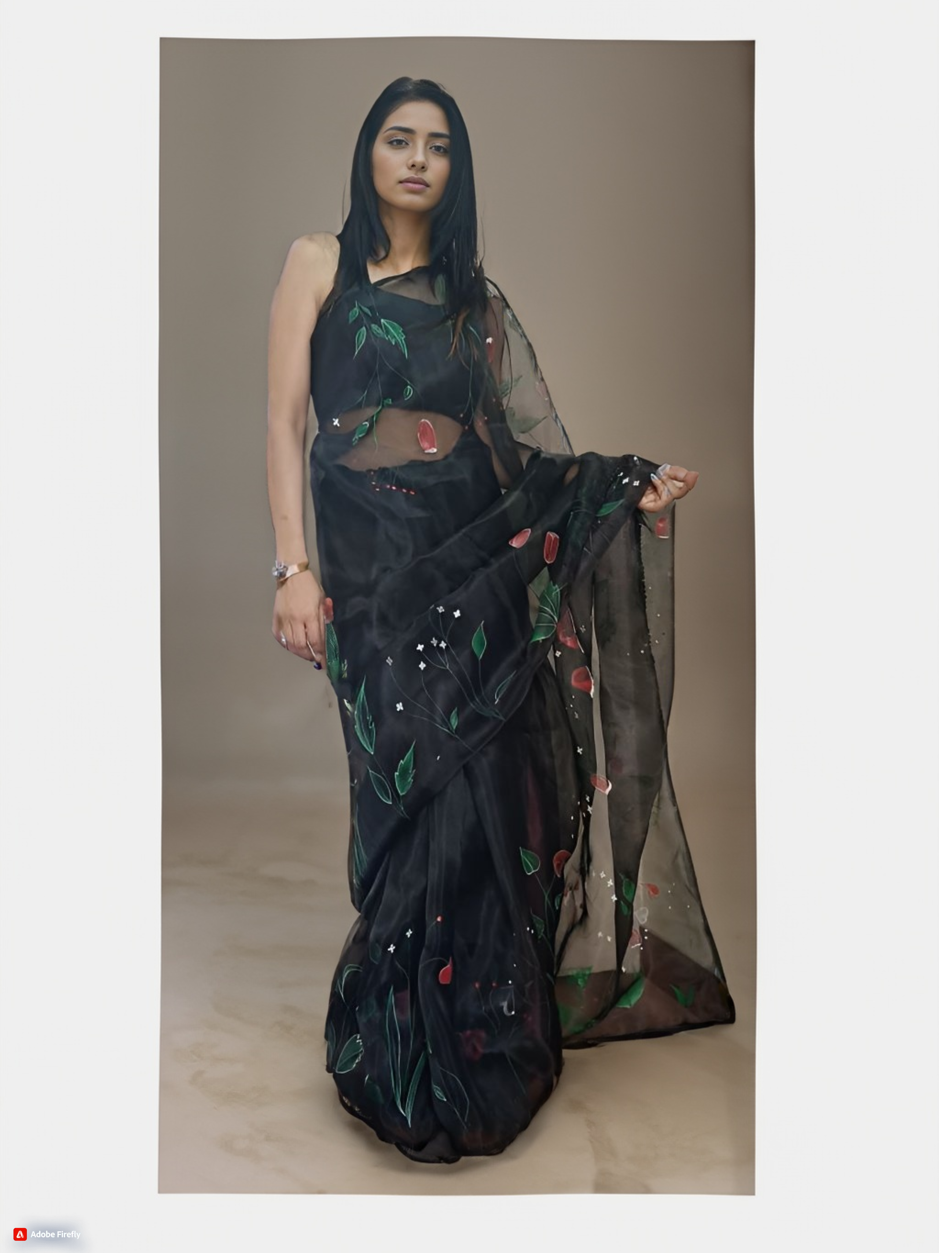 Black Organza Saree: Hand Painted