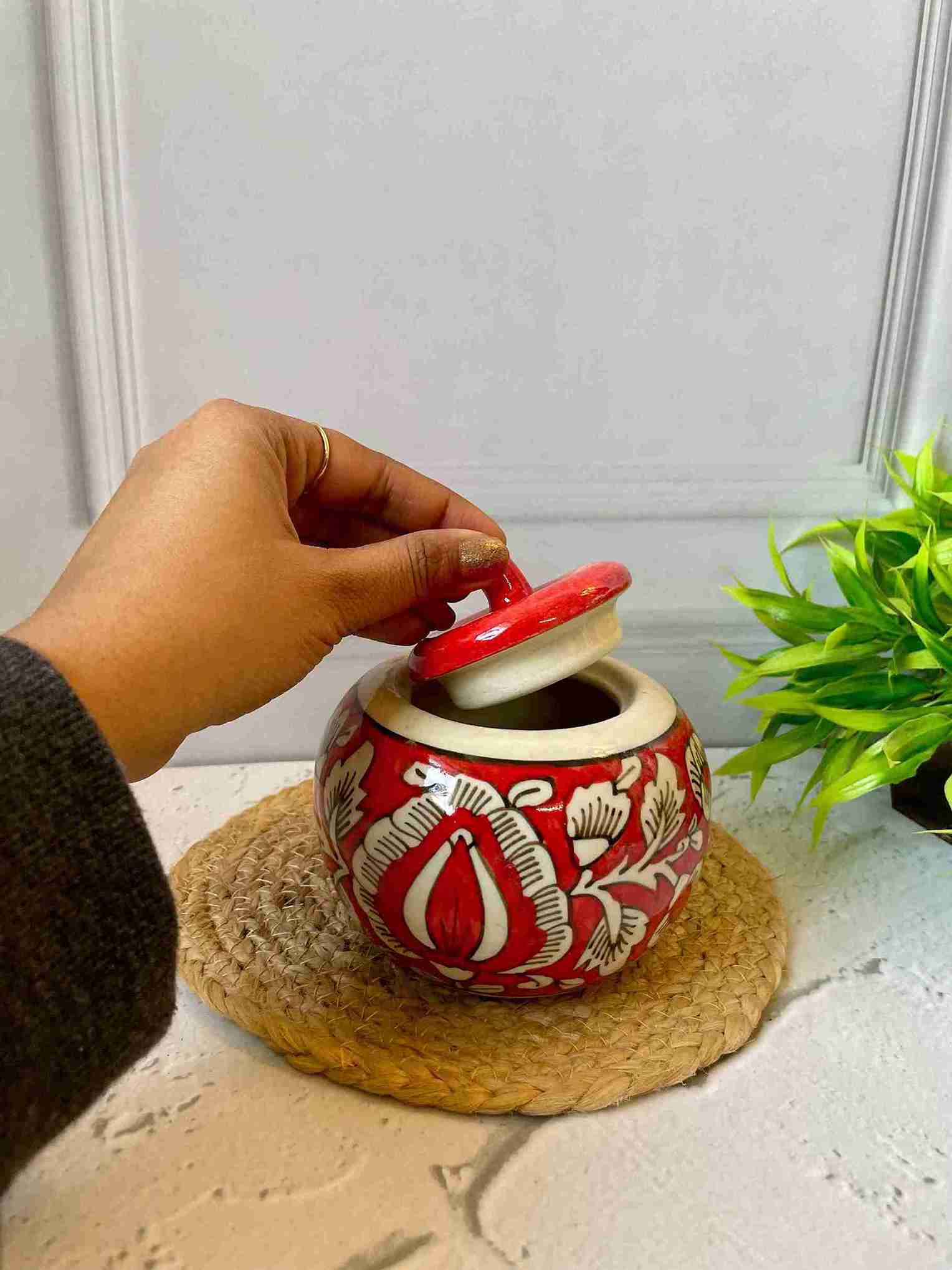 GULCASA CERAMIC JAR WITH LID RED HANDPAINTED HOME DECOR/ KITCHEN ACCESSORIES