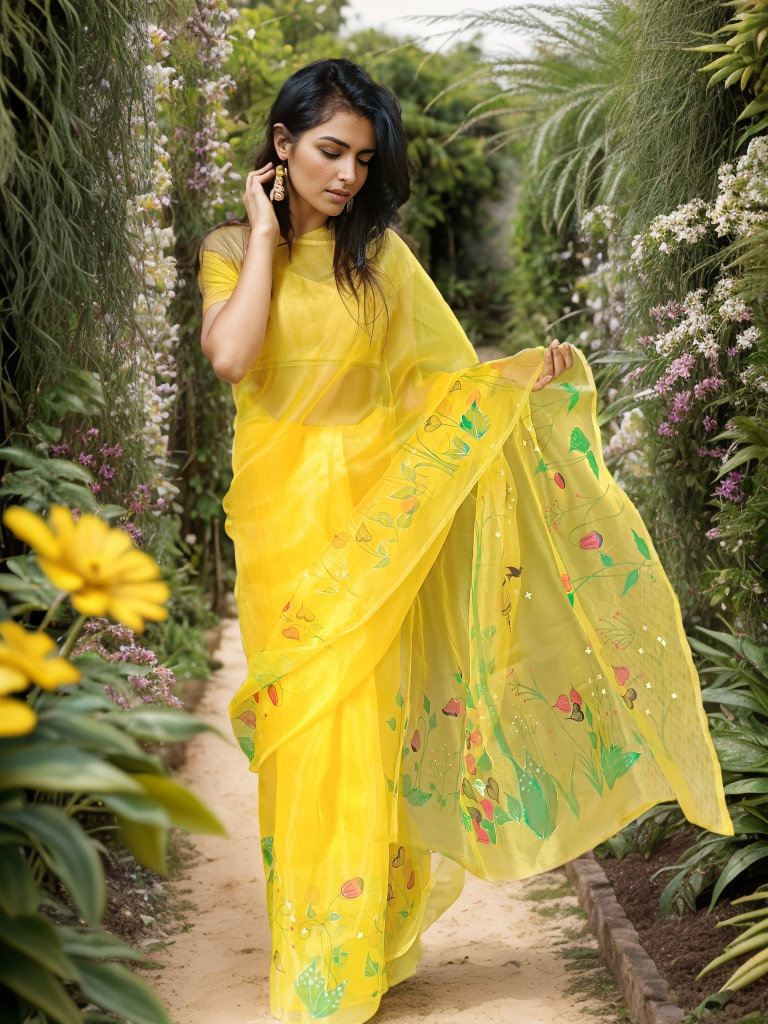 Hand Painted Yellow Organza Saree