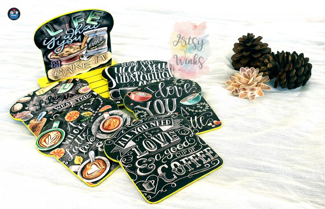 Handmade coasters in Chalkboard design with quirky quotes