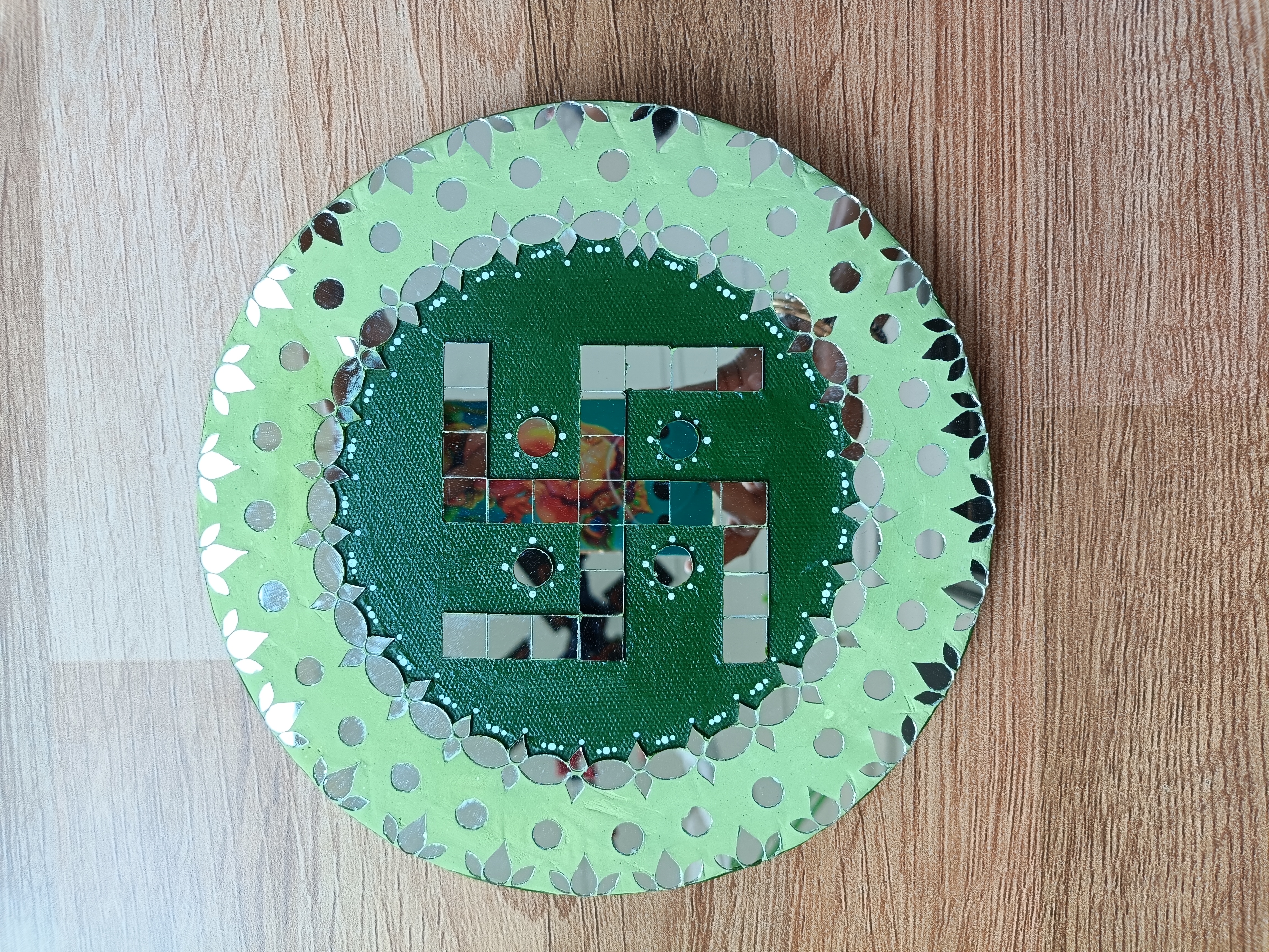 Handmade Green Mirror Mosaic Swastik Art