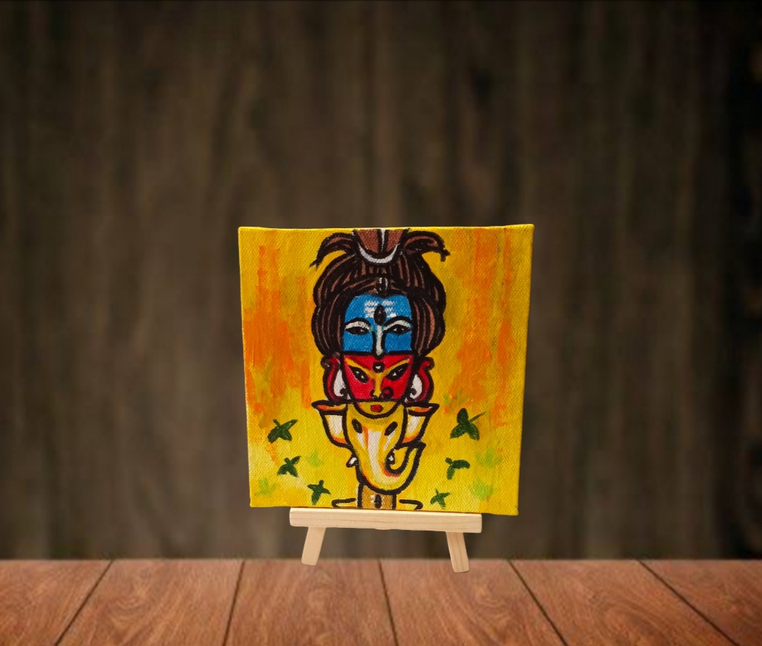 Handmade painting of Shiva parvati ganesha on canvas with easel stand for your beautiful house