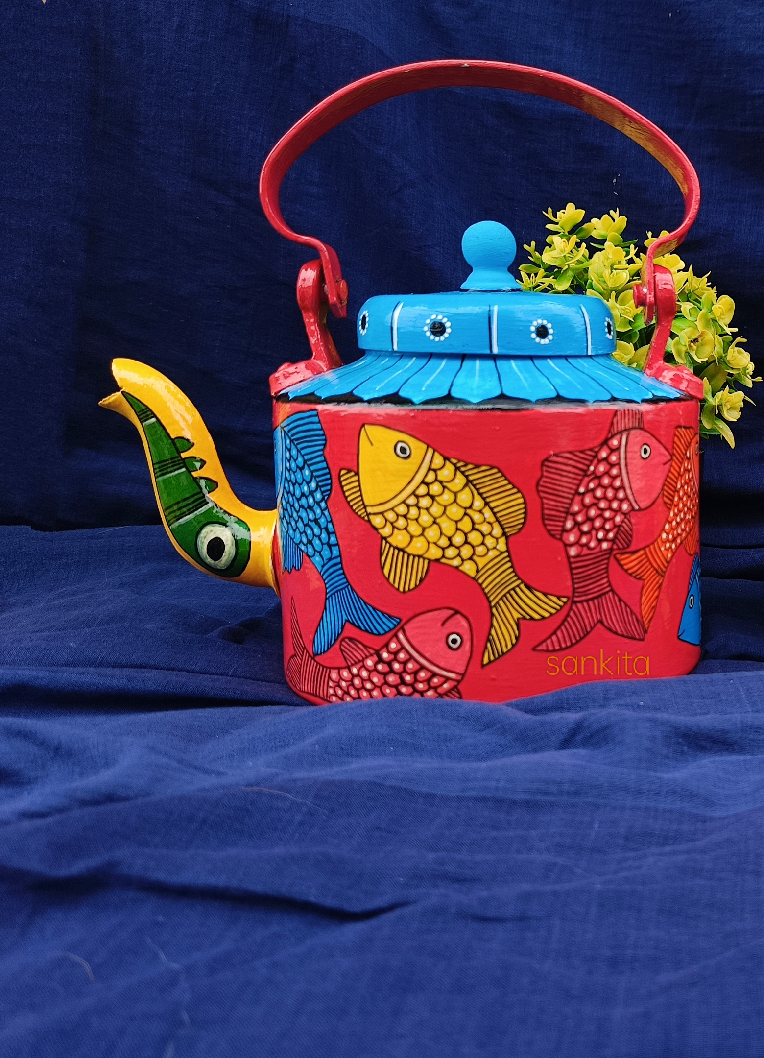 Handpainted kettle art , fish kettle, patua art