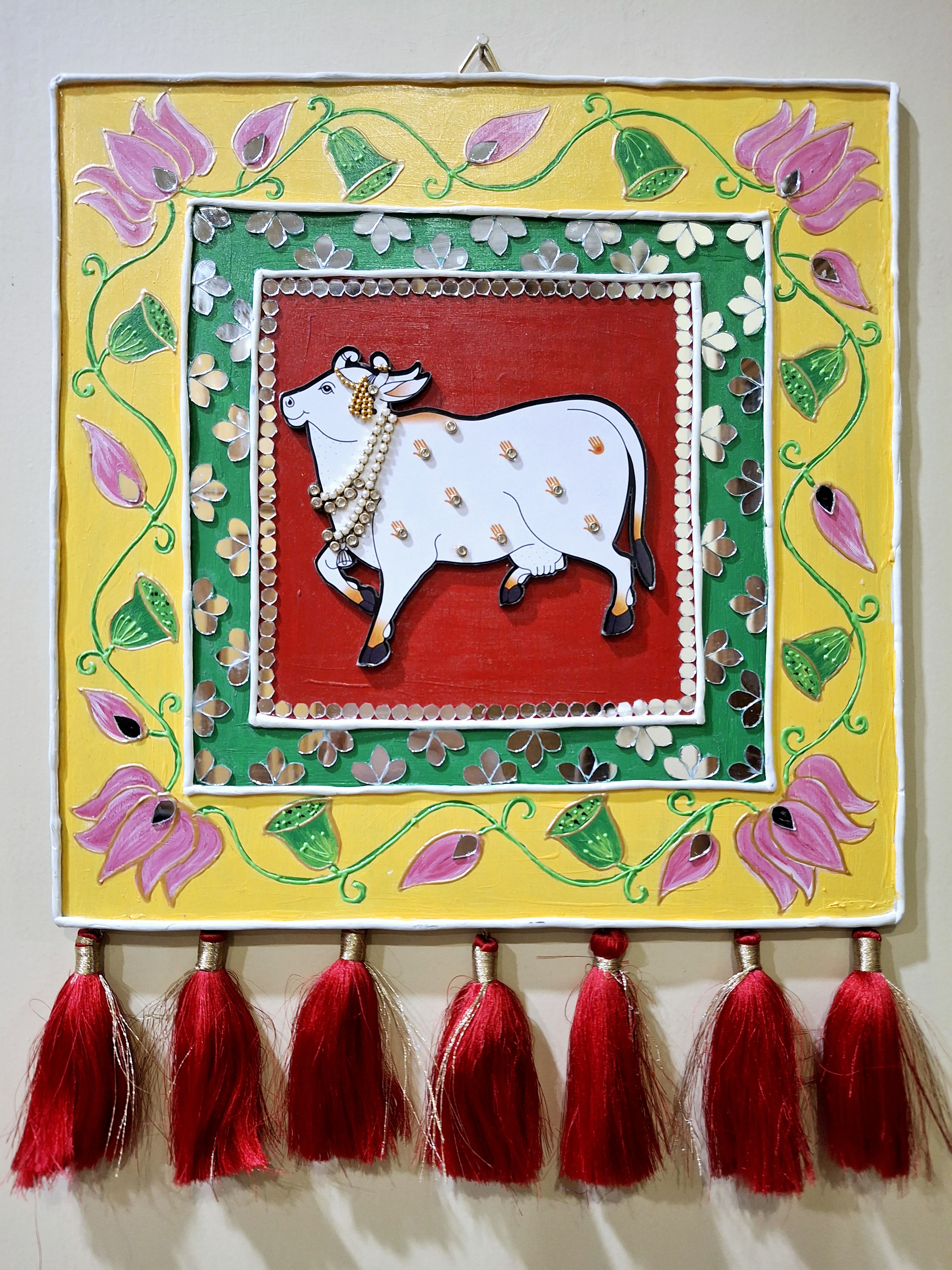 Handpainted lippan art pichwai cow wall hanging