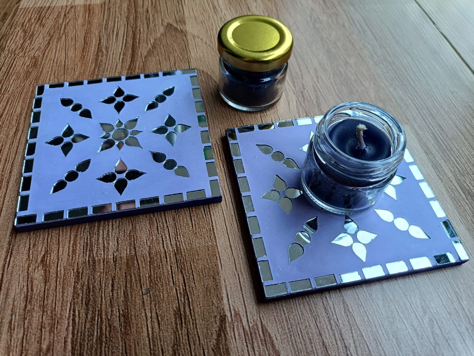 Lavender Aroma Candle Set with Mosaic Mirror Bases – Set of 2