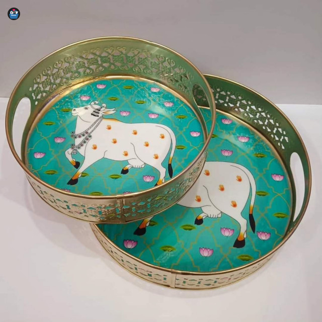  Metal Serving Tray Set of 2pcs. Digital Decoupage with Epoxy coating  Pichwai Art metal tray