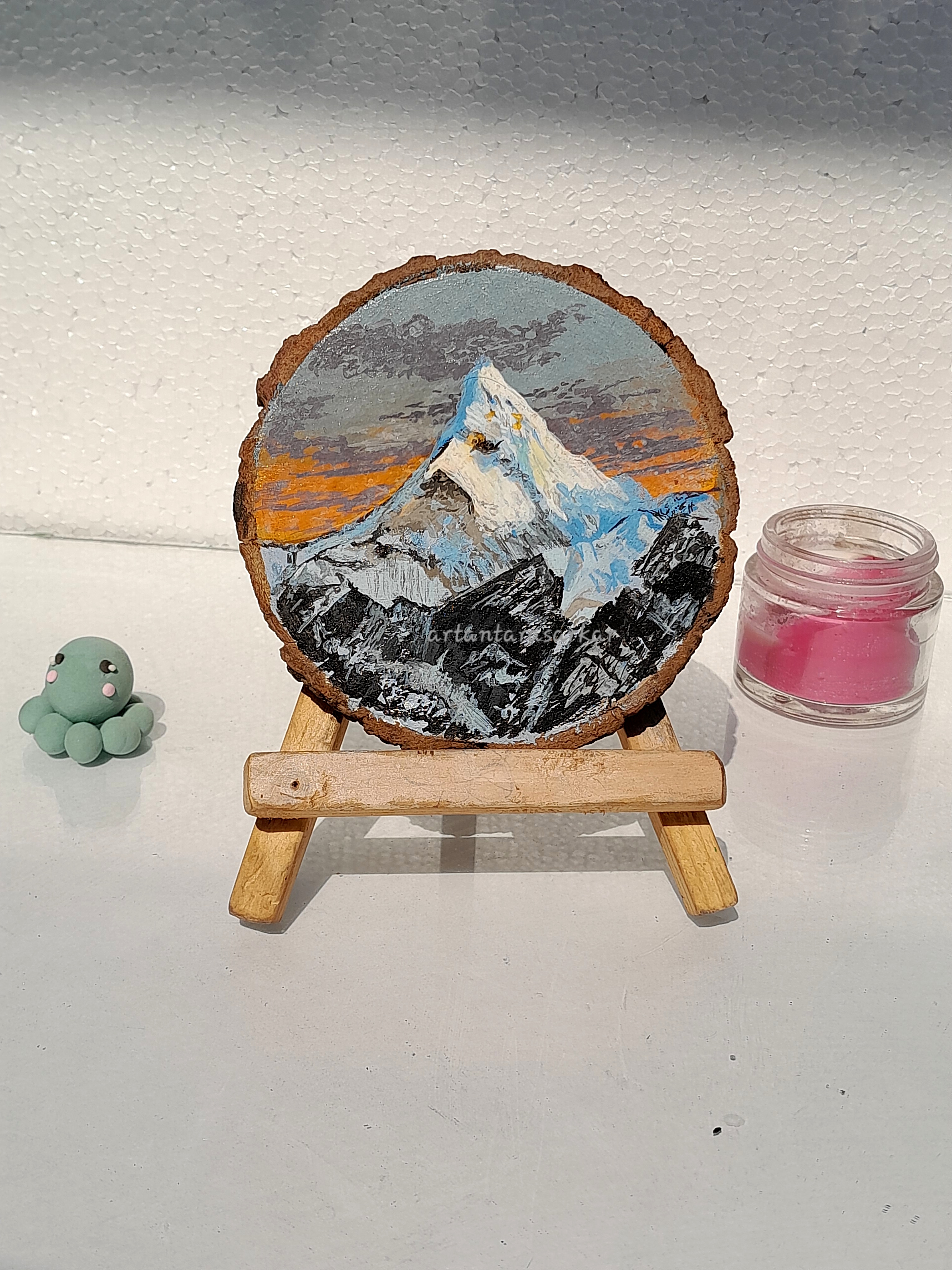 Mountain painting on wooden block/ beautiful table decor item/ wooden coaster