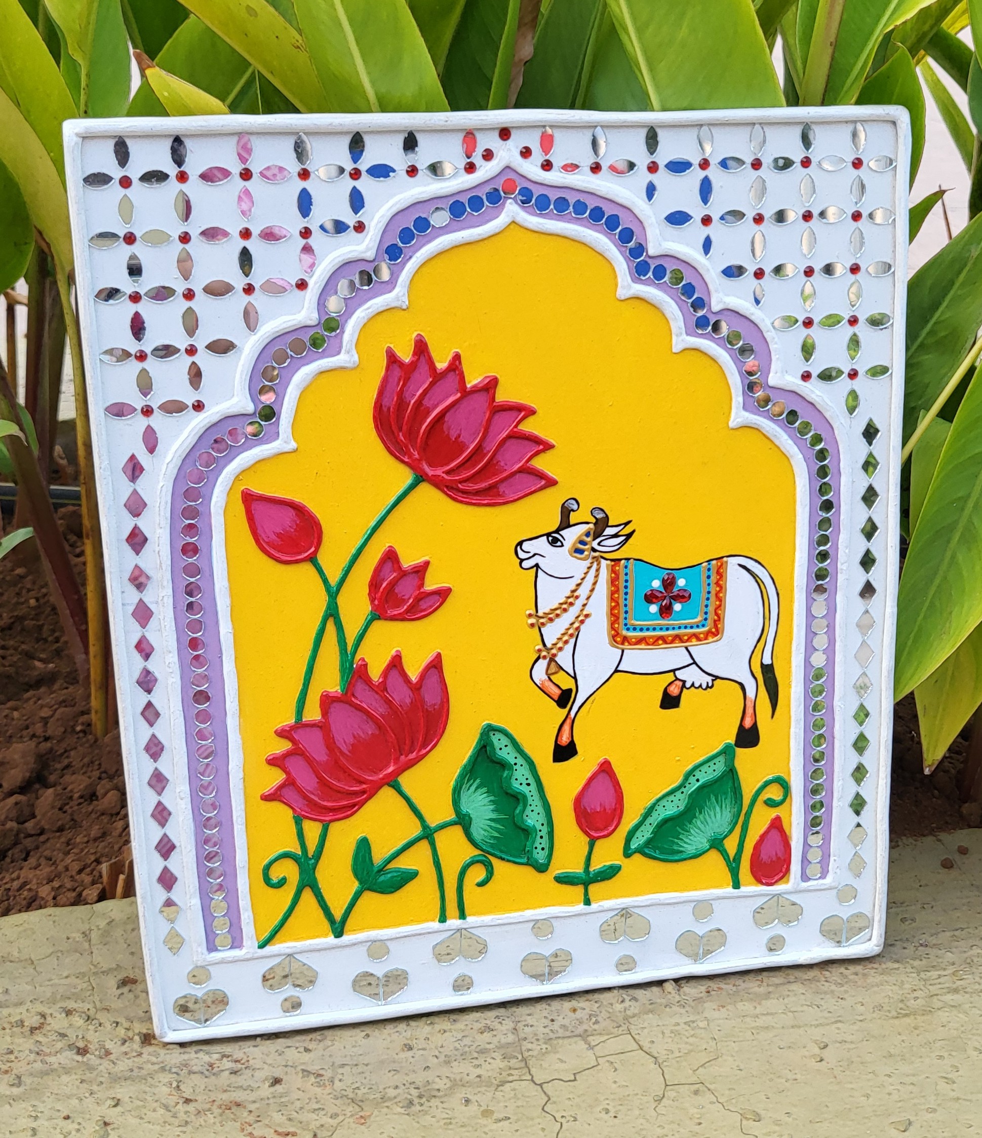 Pichwai cow with lotus jharokha painting wall hanging