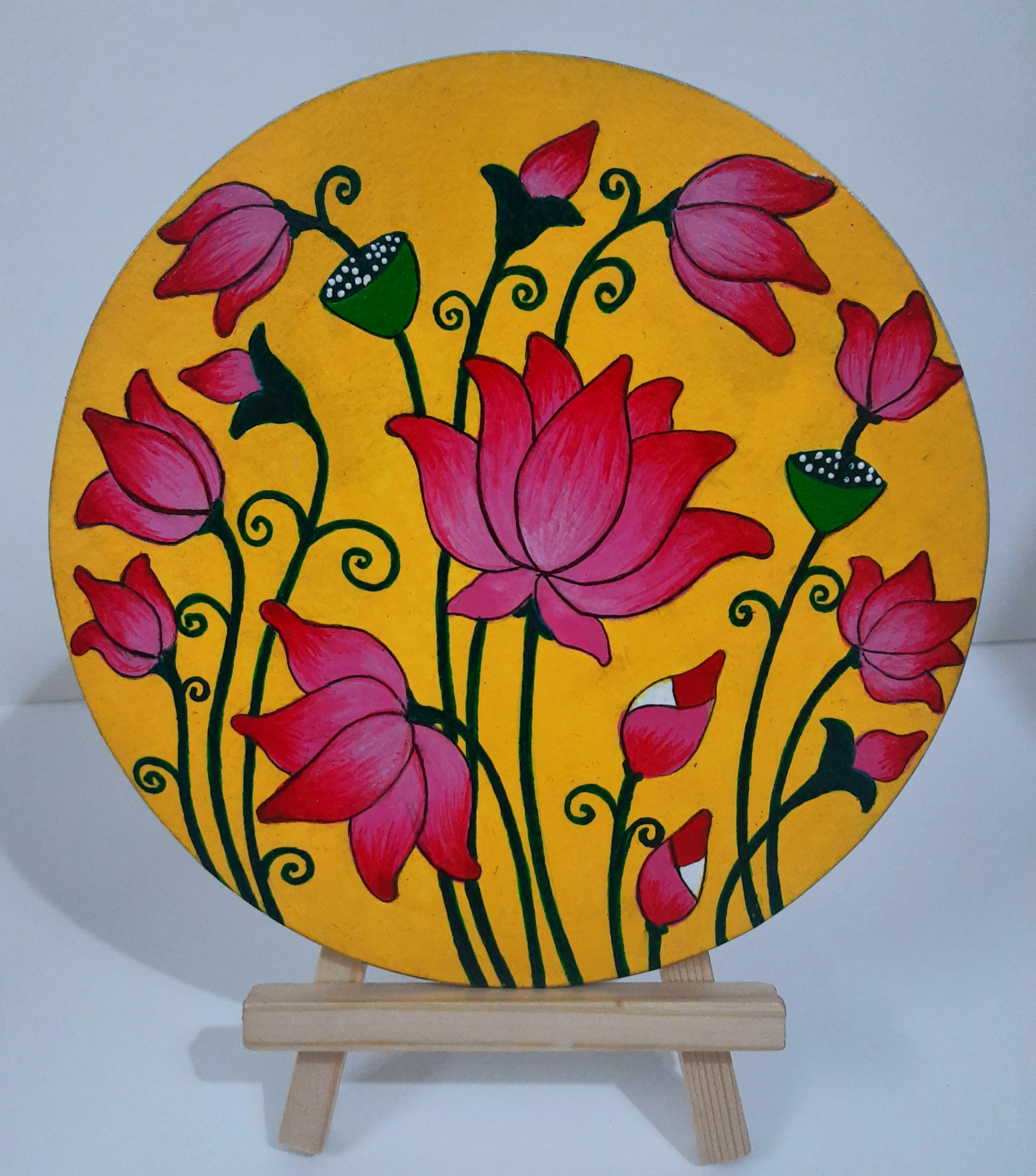 Pichwai painting of lotuses on 6" round mdf board-yellow