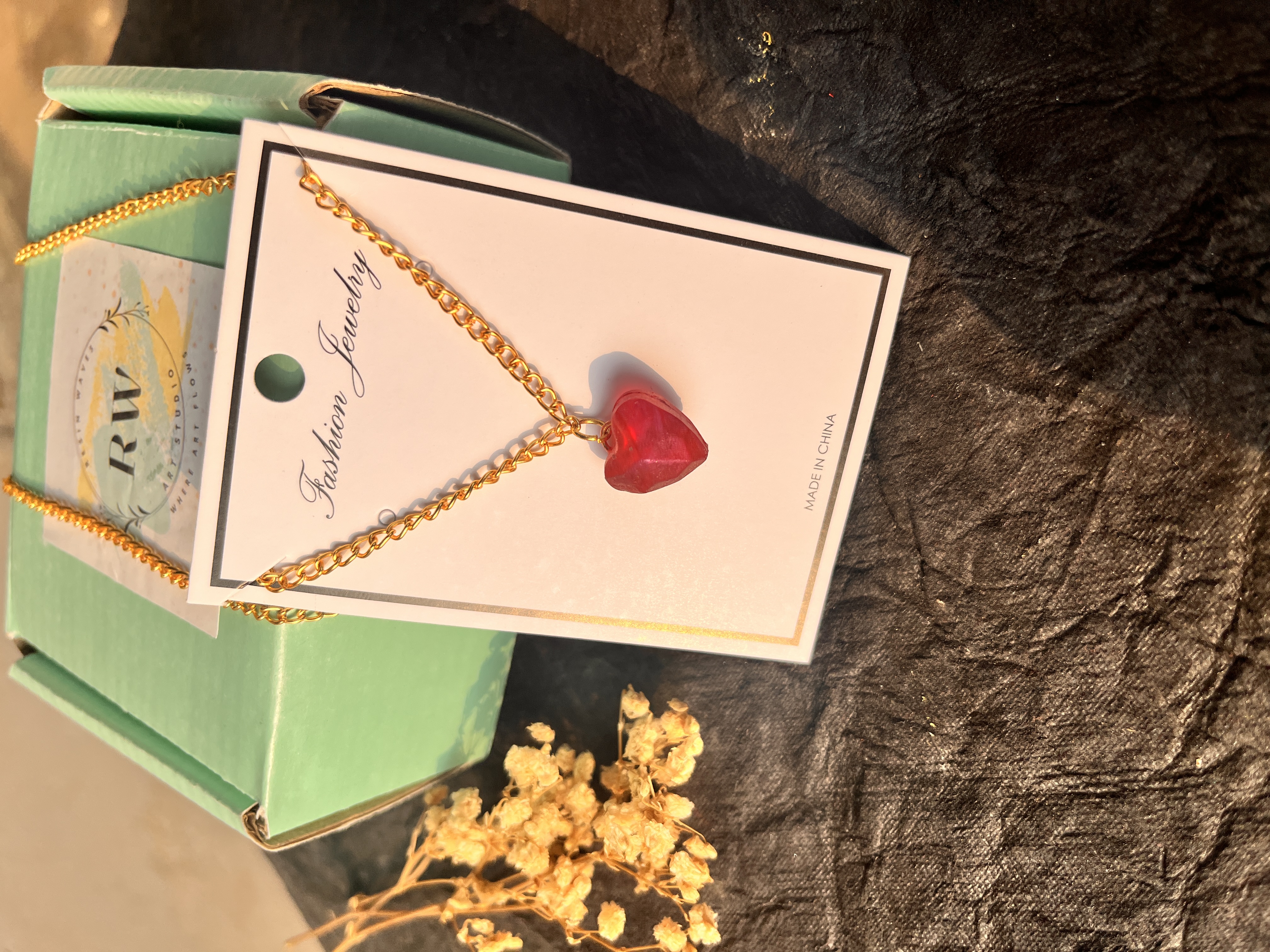 Resin  crystal cut Heart Pendant with Adjustable Chain