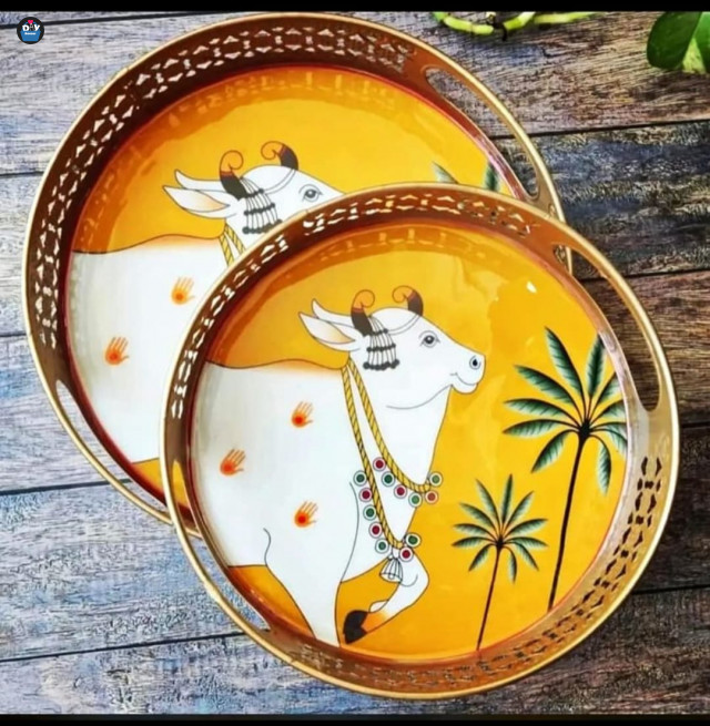 Metal Serving Tray Set of 2pcs. Digital Decoupage with Epoxy coating  Pichwai Art metal tray