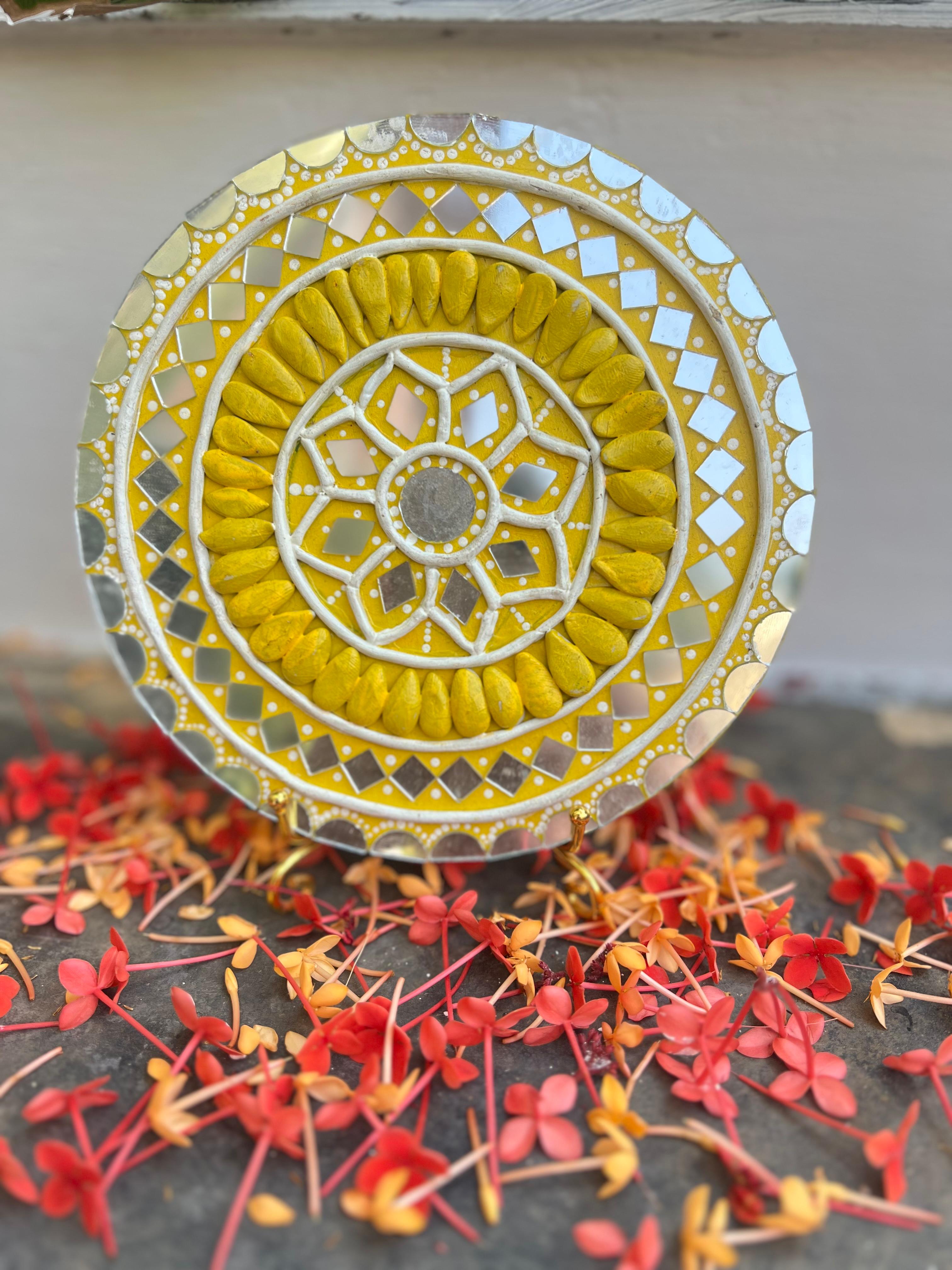 "Sunshine Mandala” Hand-painted Yellow Lippan Art Wall Decor