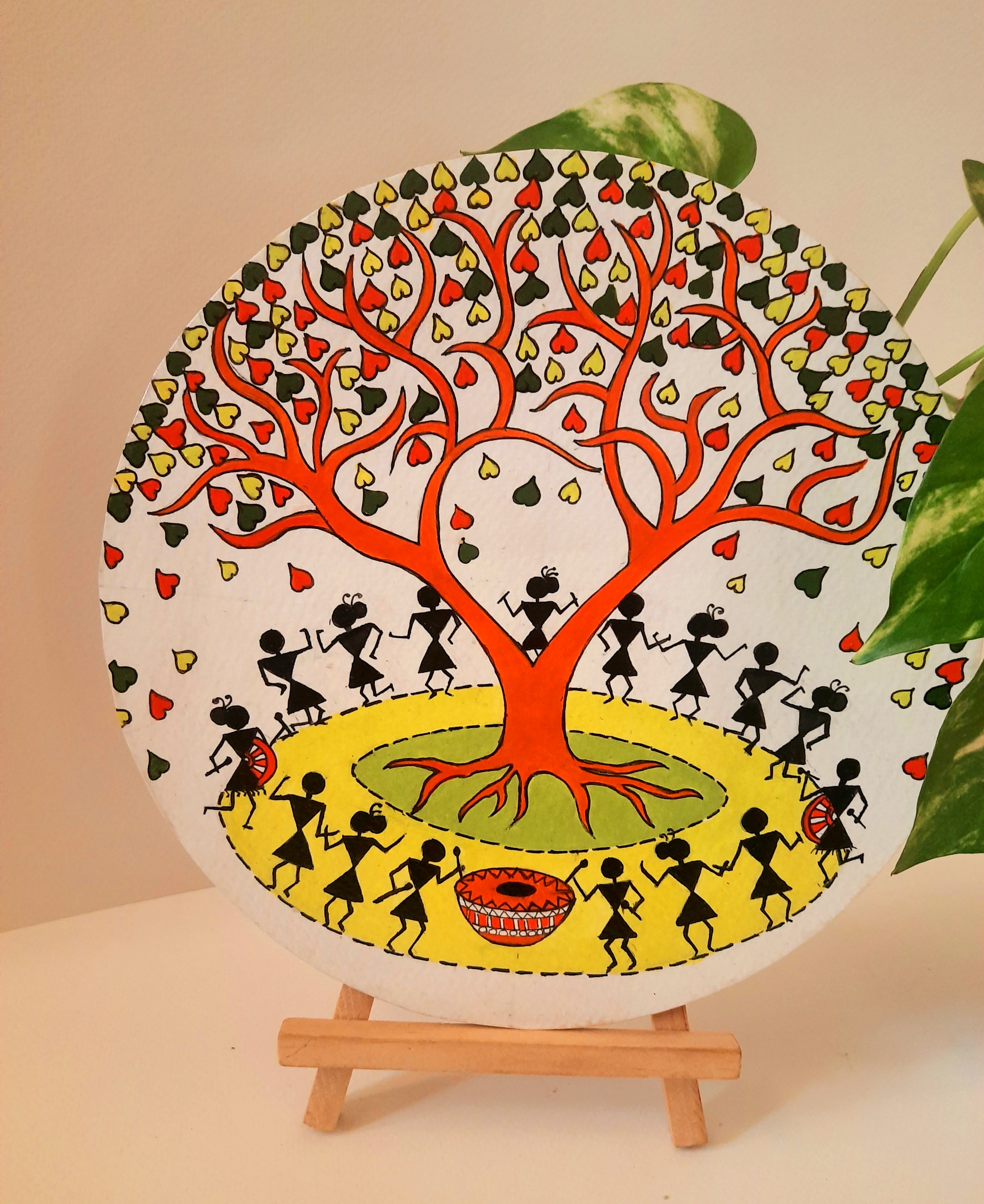 warli-painting-of-village-life-on-8-round-mdf-plate-with-stand-2-1_1716496321.jpg