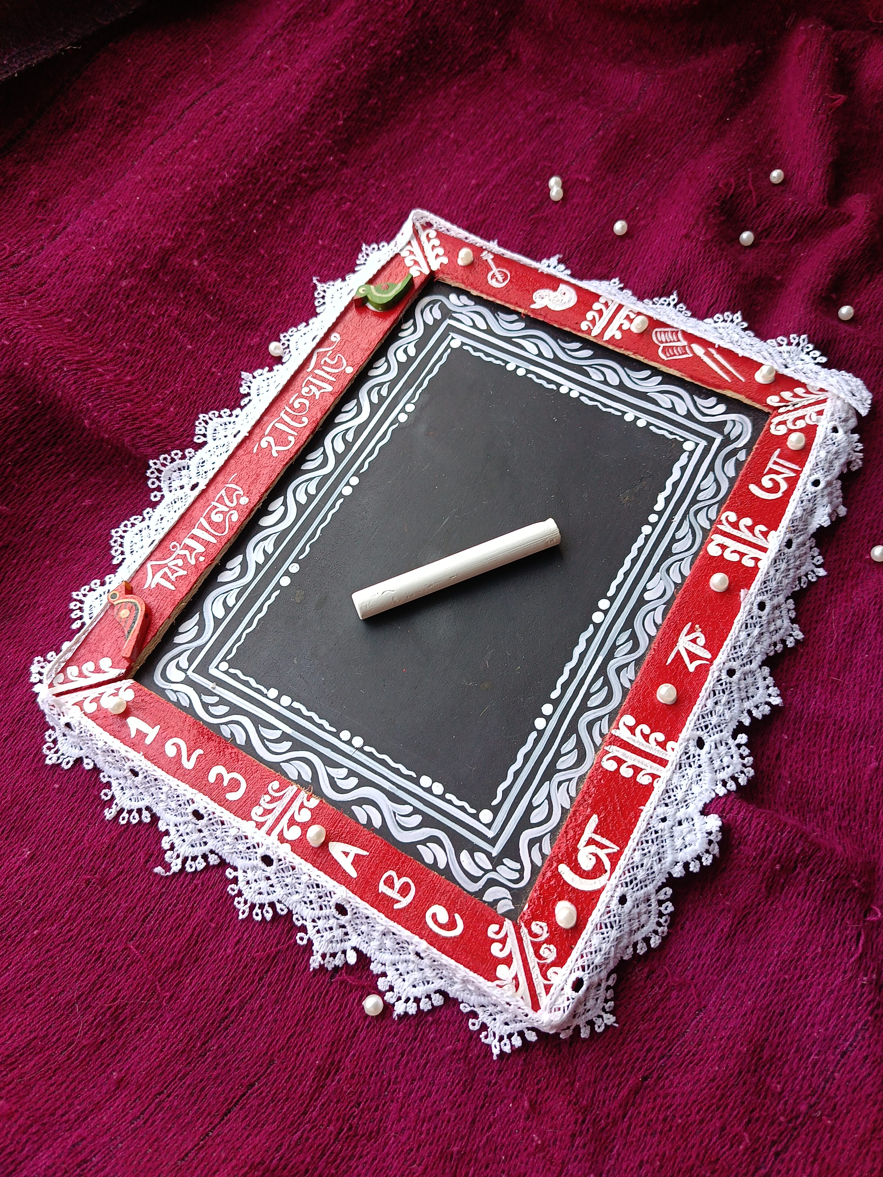 Wooden slate design with chalk hatekhori slate for kids saraswati pujo